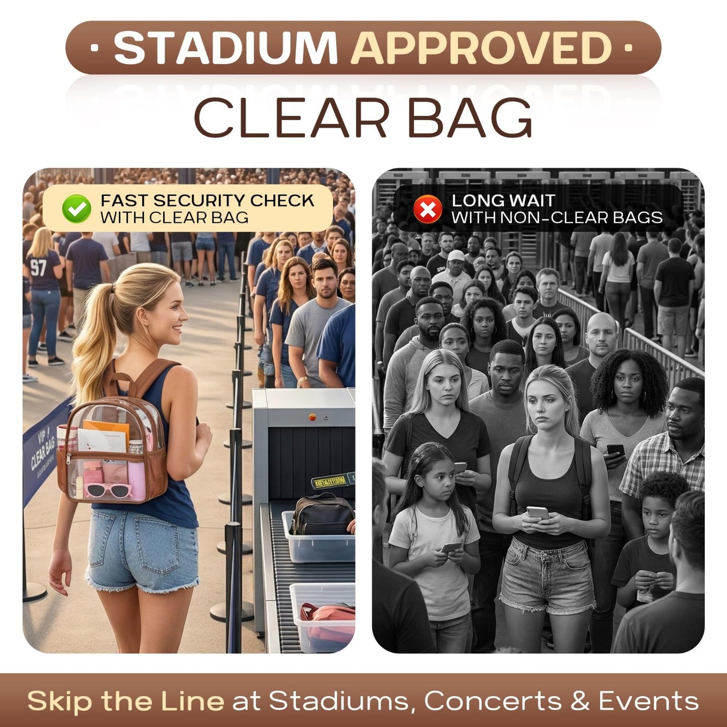 Clear Stadium Backpack - 12x6x12, Durable PVC, 2 Side Pockets, Ideal for Events6