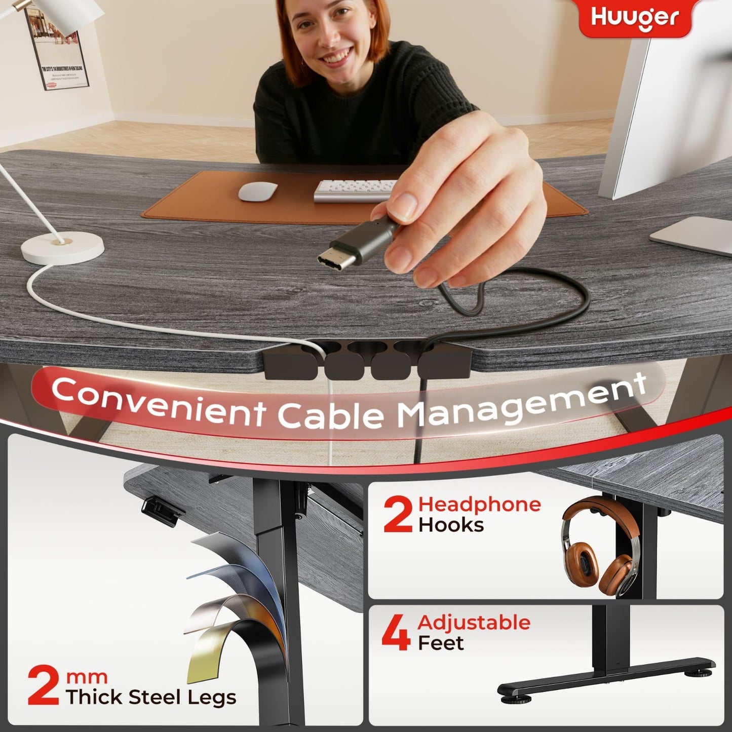 Height Adjustable Electric Standing Desk with USB-C & Power Outlets, 47x24" - Ho5