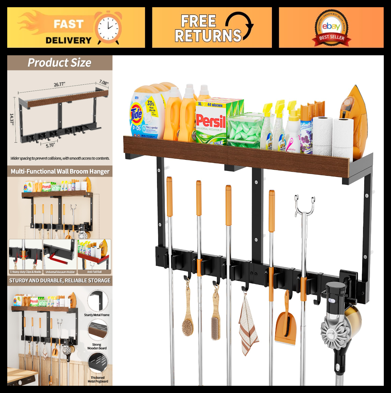 Wall-Mounted Broom and Mop Organizer, Space-Saving Holder for Cleaning Tools0
