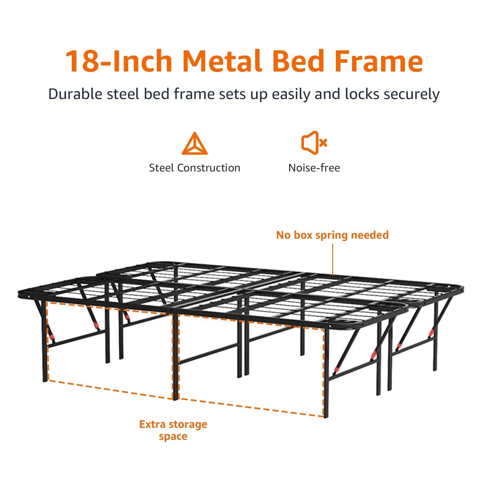 Sturdy Full Size Bed Frame with Storage, Foldable Metal Platform, 18" High, Tool4