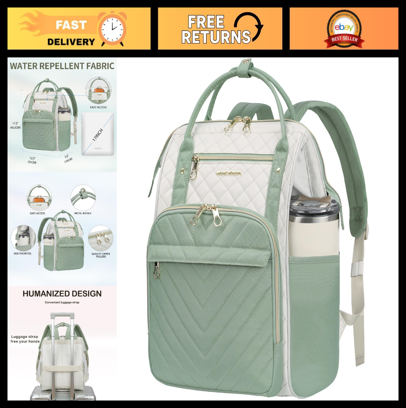 Stylish 17" Water-Repellent Laptop Backpack for College, Travel & Work - Beige/L0