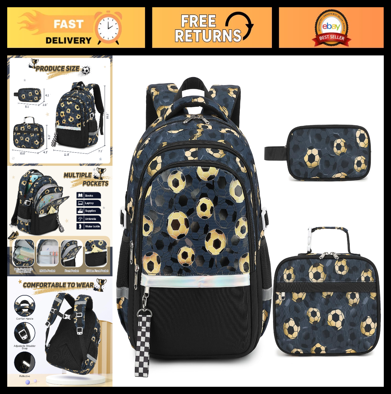 Luminous Boys Backpack Set   3PCS with Lunch Box & Pencil Case, School Bag0