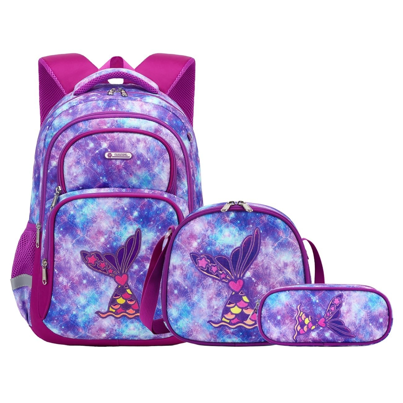 Purple Mermaid 3pcs Set   Multi Compartment Backpack, Lunch Box & Pencil Case, 11