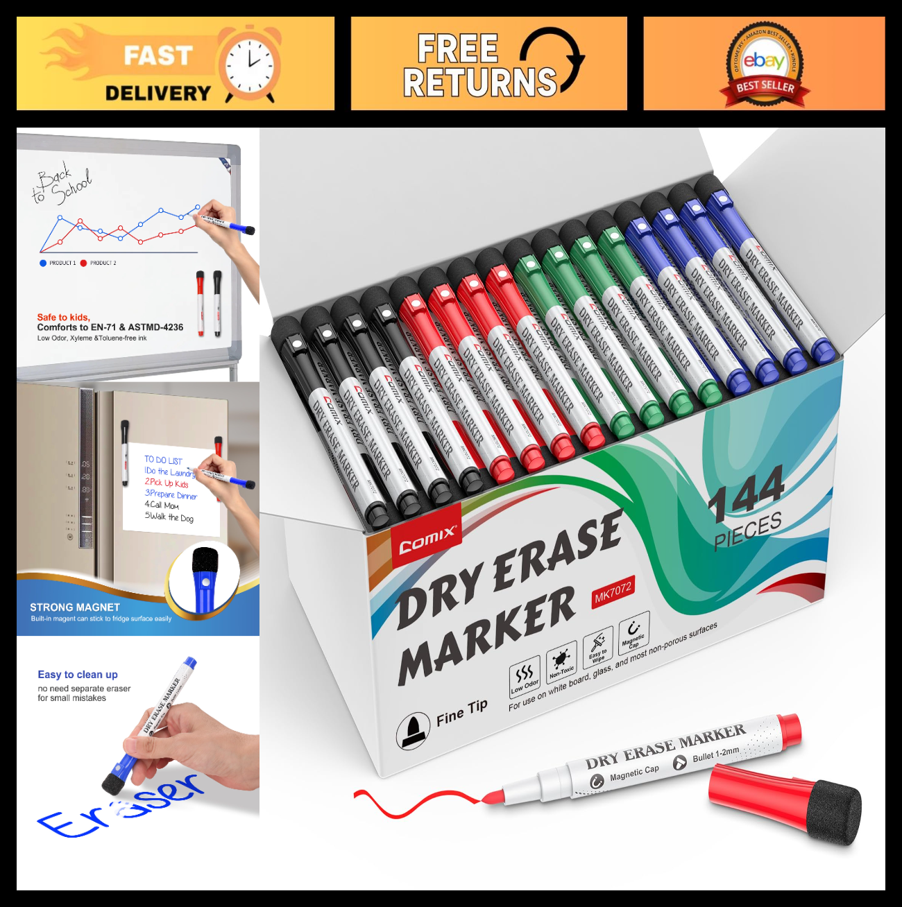 Magnetic Dry Erase Markers Set - 144 Fine Tip, Low Odor, Eraser Caps, Classroom0