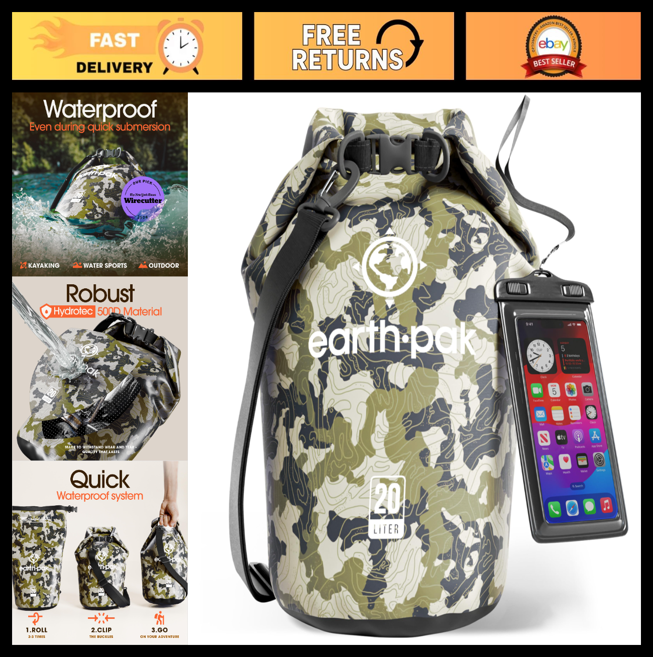 Waterproof Dry Bag Backpack   Roll Top Sack for Kayaking & Gear Storage, Phone C0