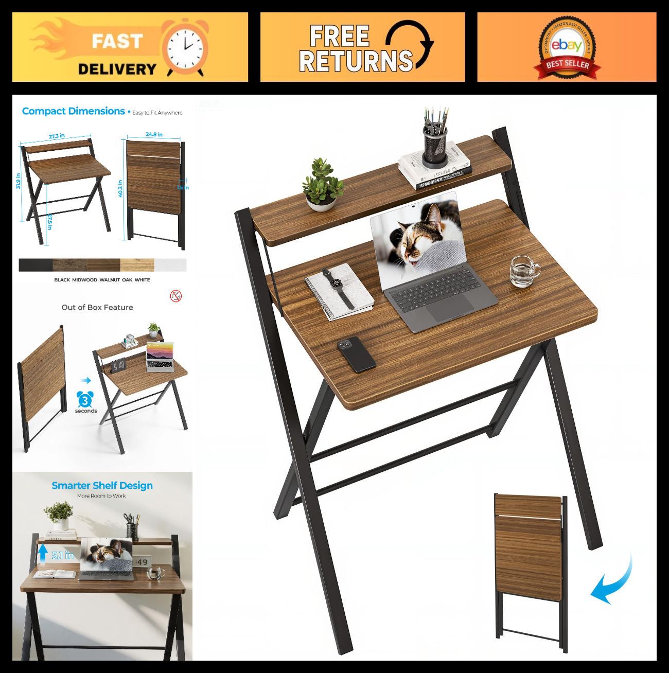Compact Folding Desk with Shelf - Space-Saving Laptop Table for Home Office & Do0