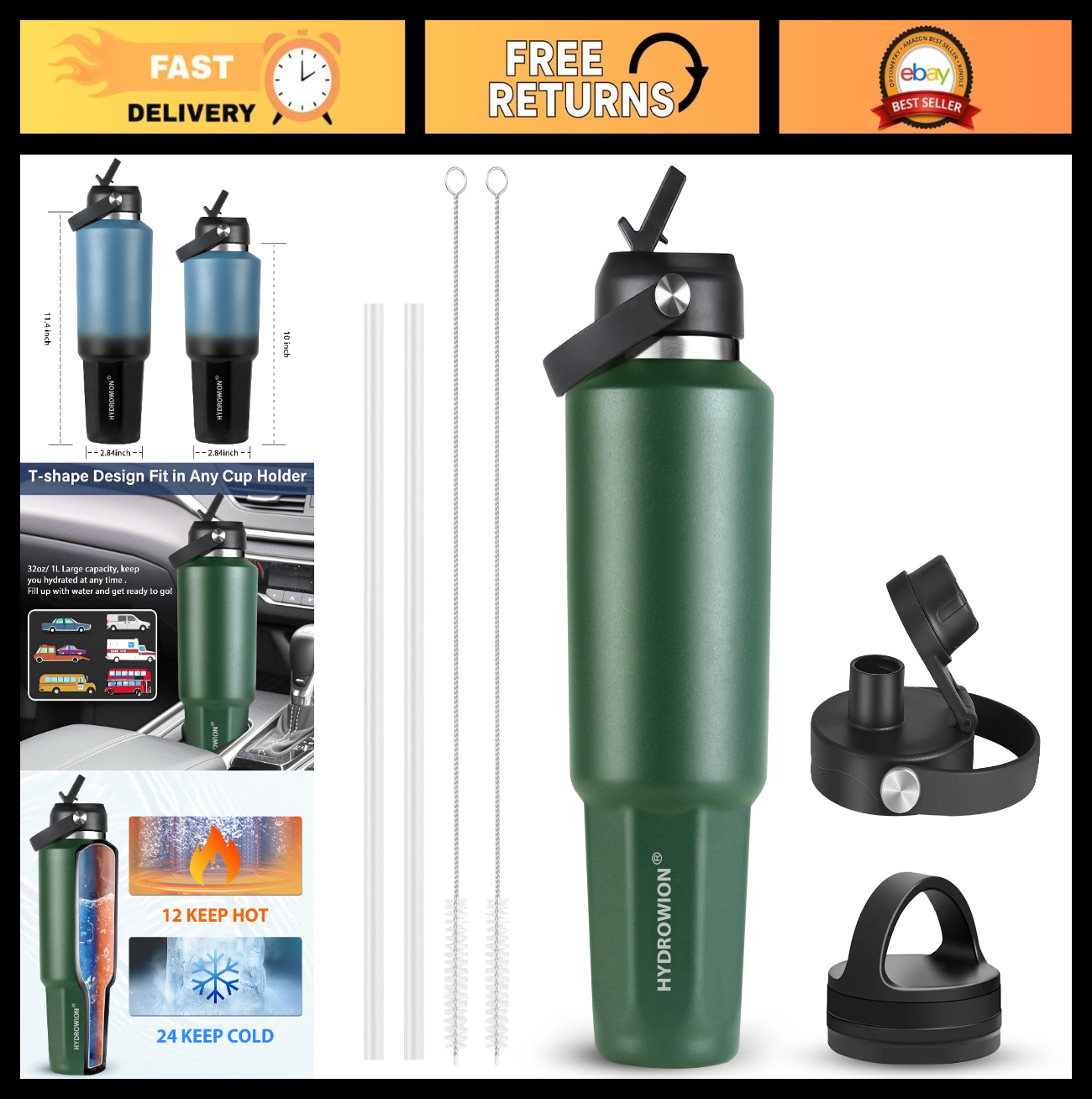 Insulated 40 oz Water Bottle with Straw & Spout Lid - Double Wall Vacuum, Hot/Co0