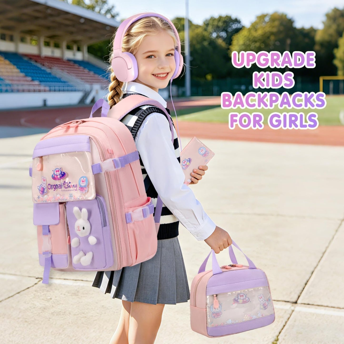 4PCS Kawaii Bunny Girls Backpack Set with Headphones, Lunch Box & Pencil Case  4