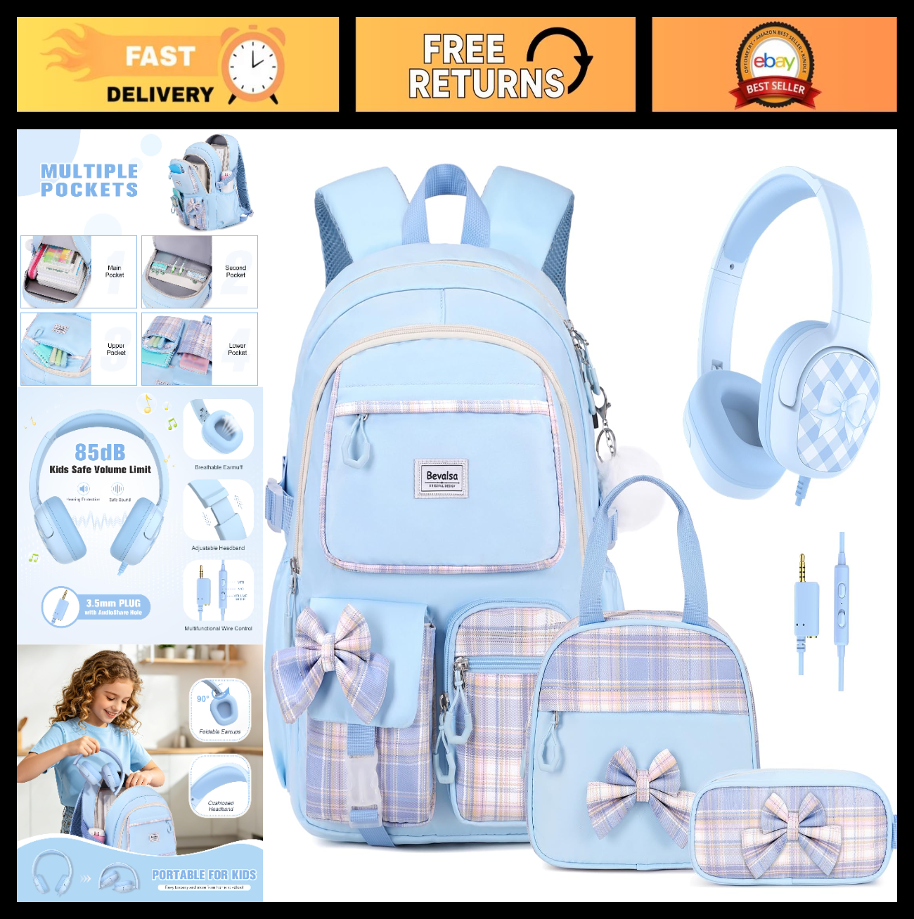 Cute Bow Backpack for Girls, School Bag Set with Lunch Bag & Pen Case, Stylish0
