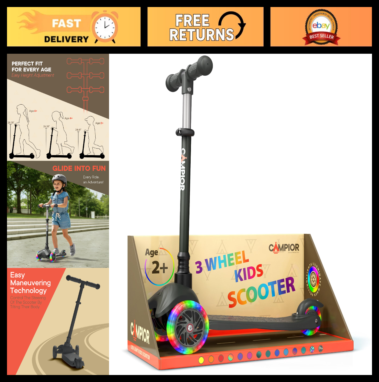 Mini 3-Wheel Kids Scooter - Lean-to-Steer, LED Light-Up Wheels, Adjustable Handl0