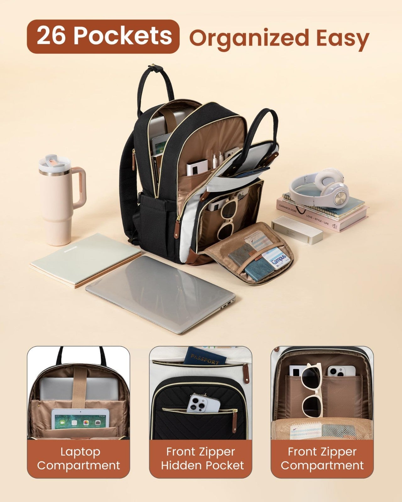 Stylish Waterproof Laptop Backpack for Women, 15.6" with Tumbler Holder, Ideal f3