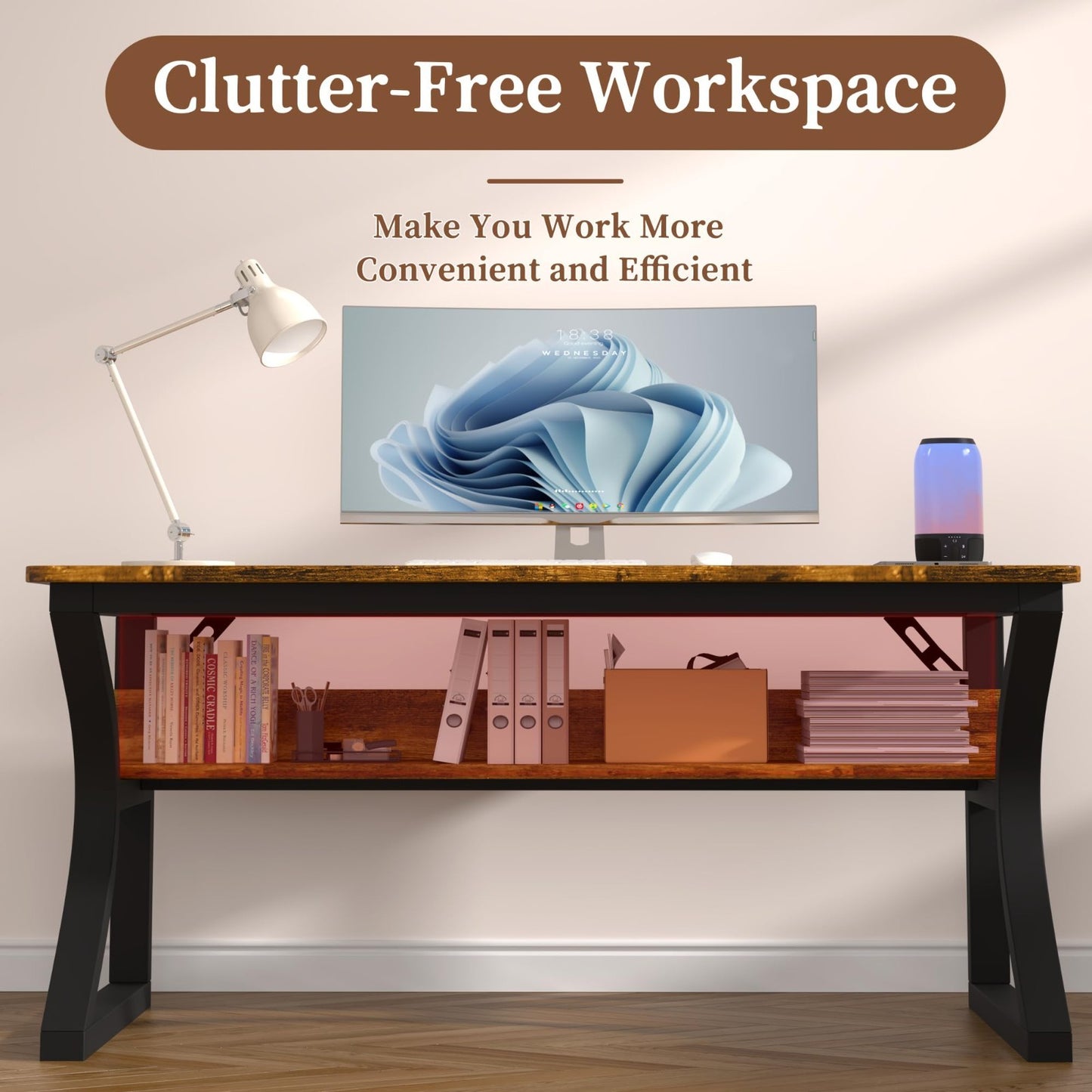 47x20 Inch Computer Desk with Storage, Sturdy Metal Frame, Rustic Brown, Home Of3