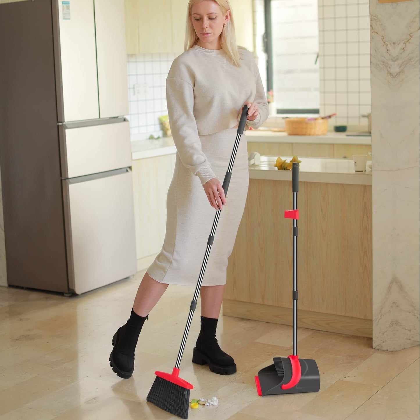 Broom and Dustpan Set with Long Handle, Combo for Home, Kitchen, Office, Lobby -5