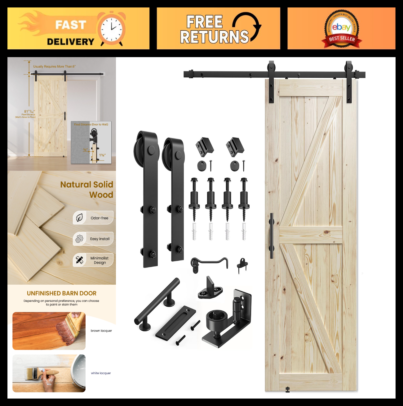 30"x80" Unfinished Solid Spruce Wood Sliding Barn Door & 5ft Hardware Kit, DIY,0