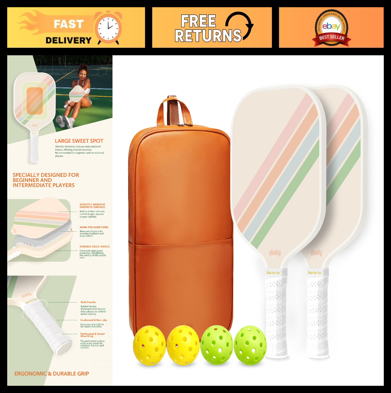 Pickleball Paddle Set of 2/4 - USAPA Approved, Graphite/Fiberglass Rackets, Ball0