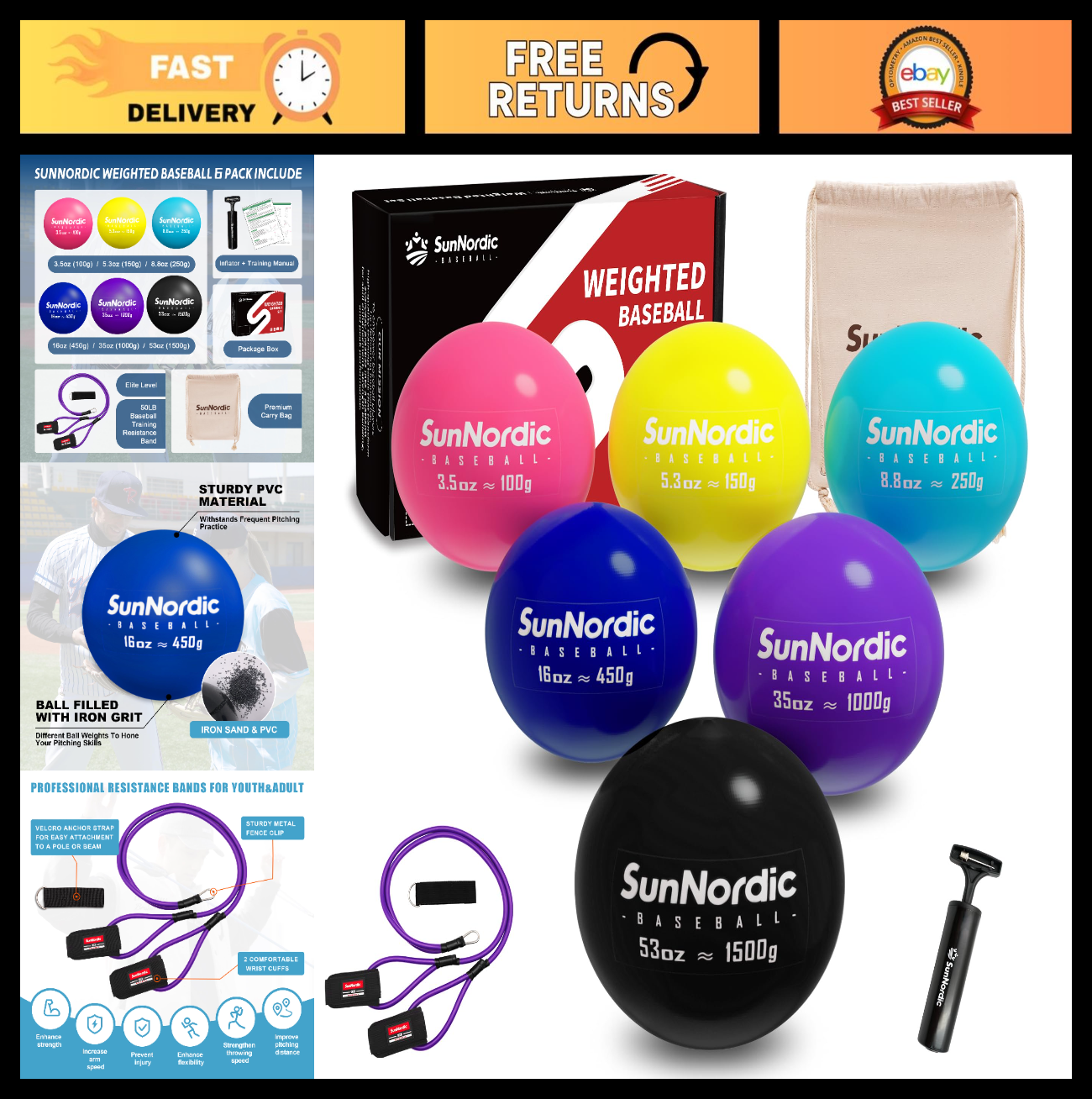 6 Pack Weighted Baseball Set with Resistance Band | 3.5-53oz Plyometric Balls, P0