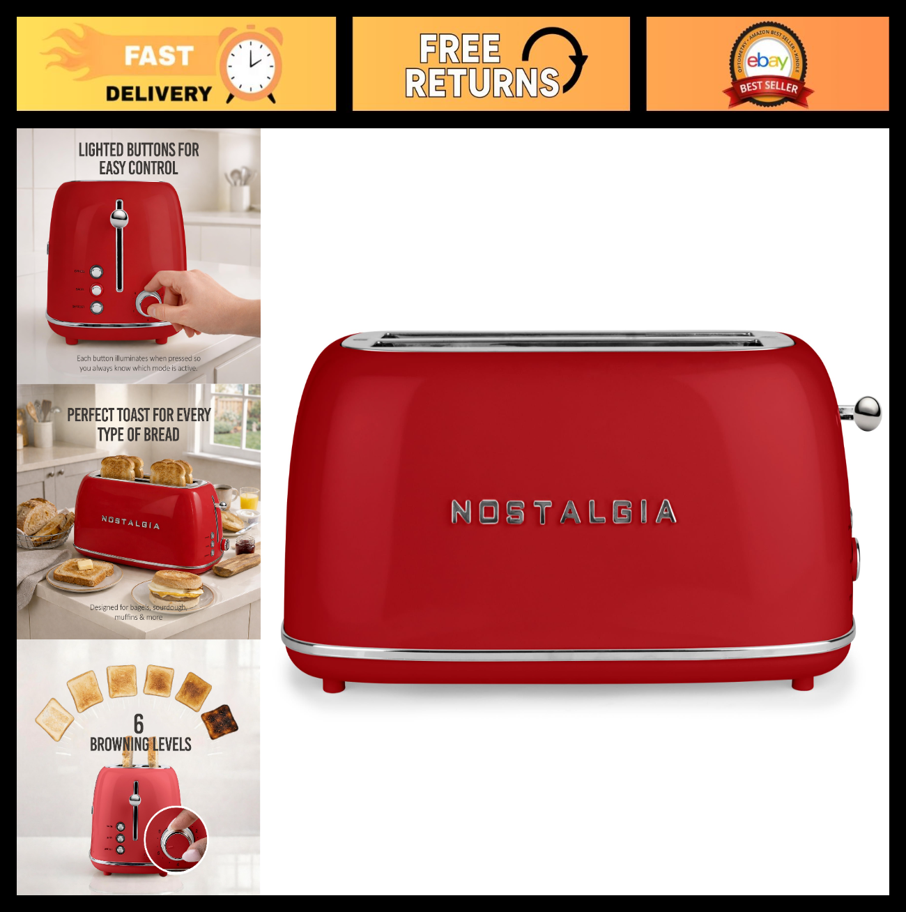 Retro 4 Slice Toaster   Vintage Design, Wide Slots, 6 Toasting Levels, Crumb Tra0