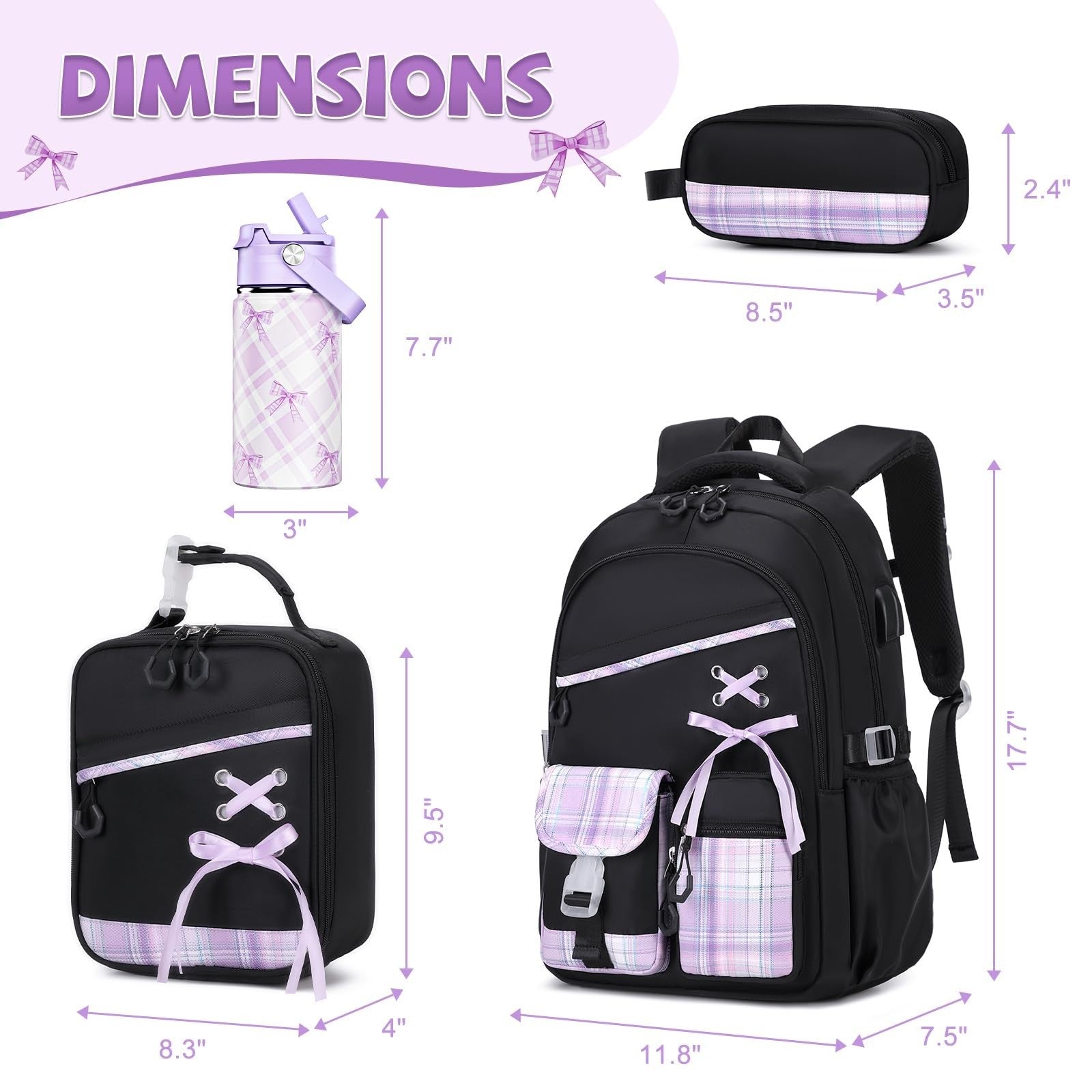 Stylish Girls Backpack Set with Insulated Water Bottle, Lunch Bag & Pencil Pouch2