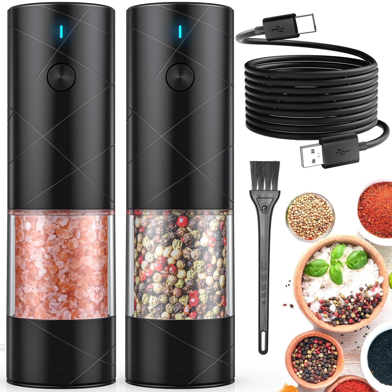 Rechargeable Electric Salt & Pepper Grinder Set   Adjustable Coarseness, LED Lig0
