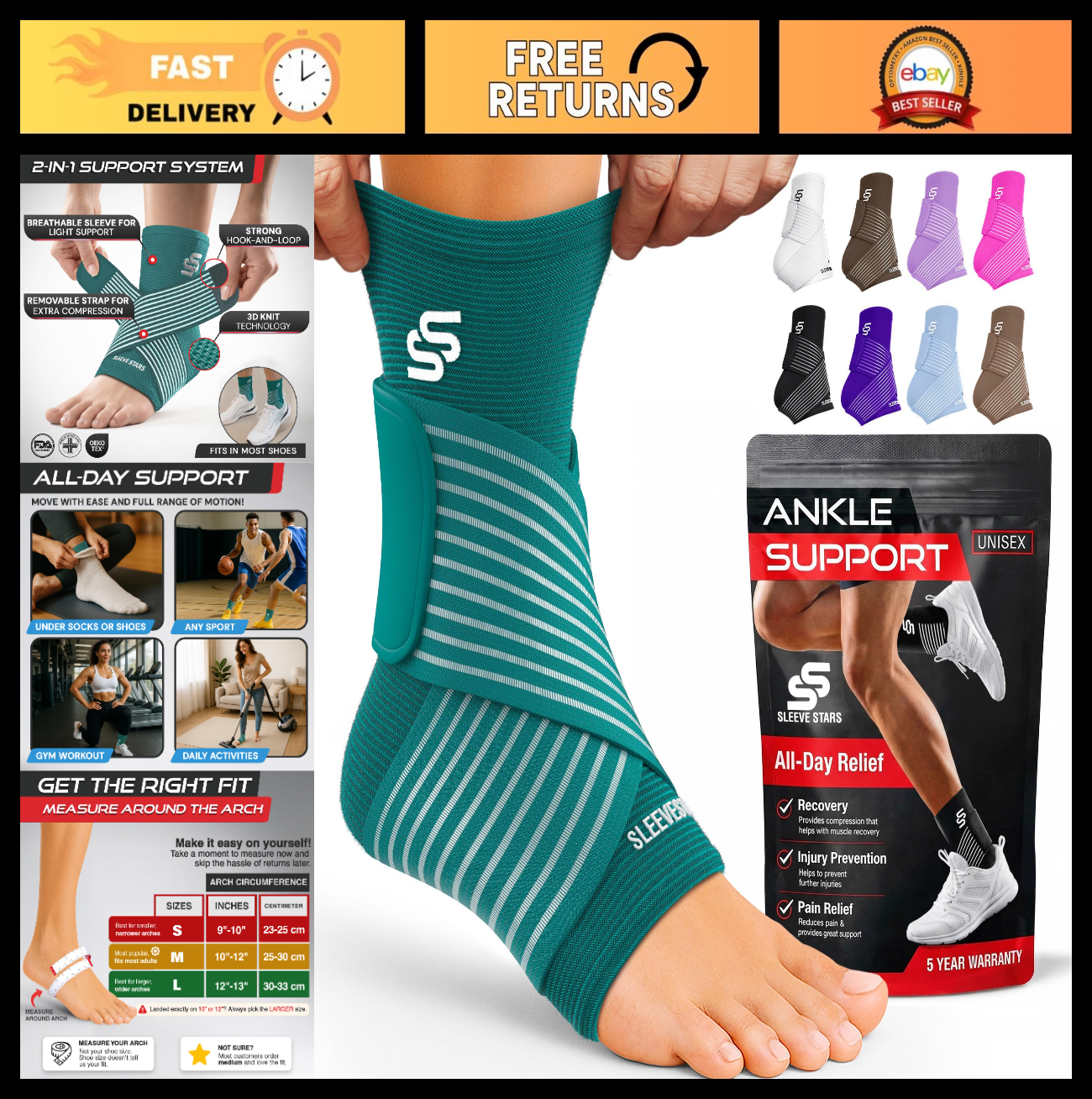 Ankle Brace Compression Sleeve for Sprains & Plantar Fasciitis Relief   Adjustab0