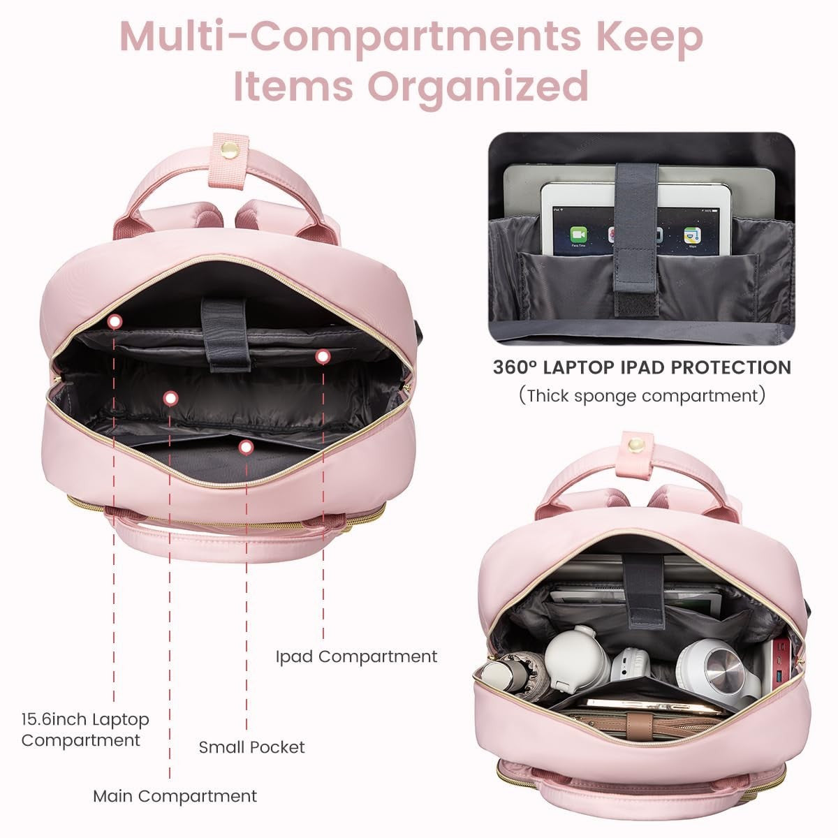 Stylish 15.6" Laptop Backpack for Women, Waterproof Daypack with USB Port, Pink7