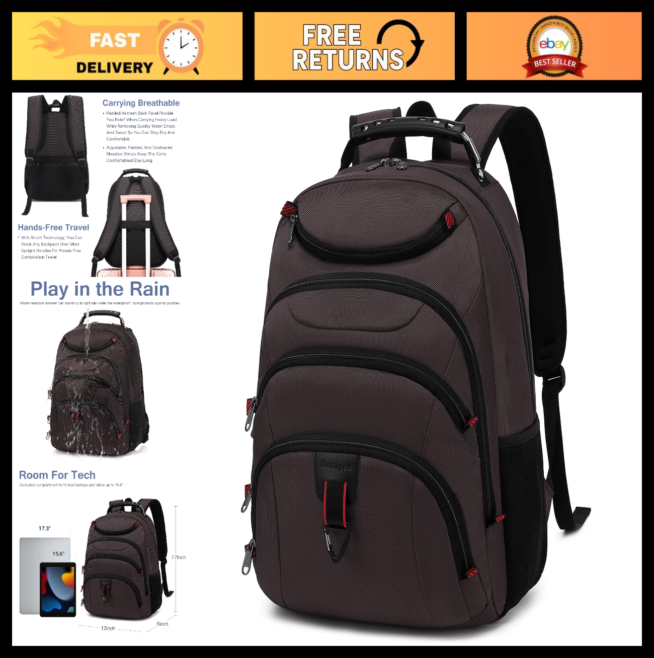 15.6" Waterproof Laptop Backpack with USB Port, Anti Theft Travel Bag for Work &0