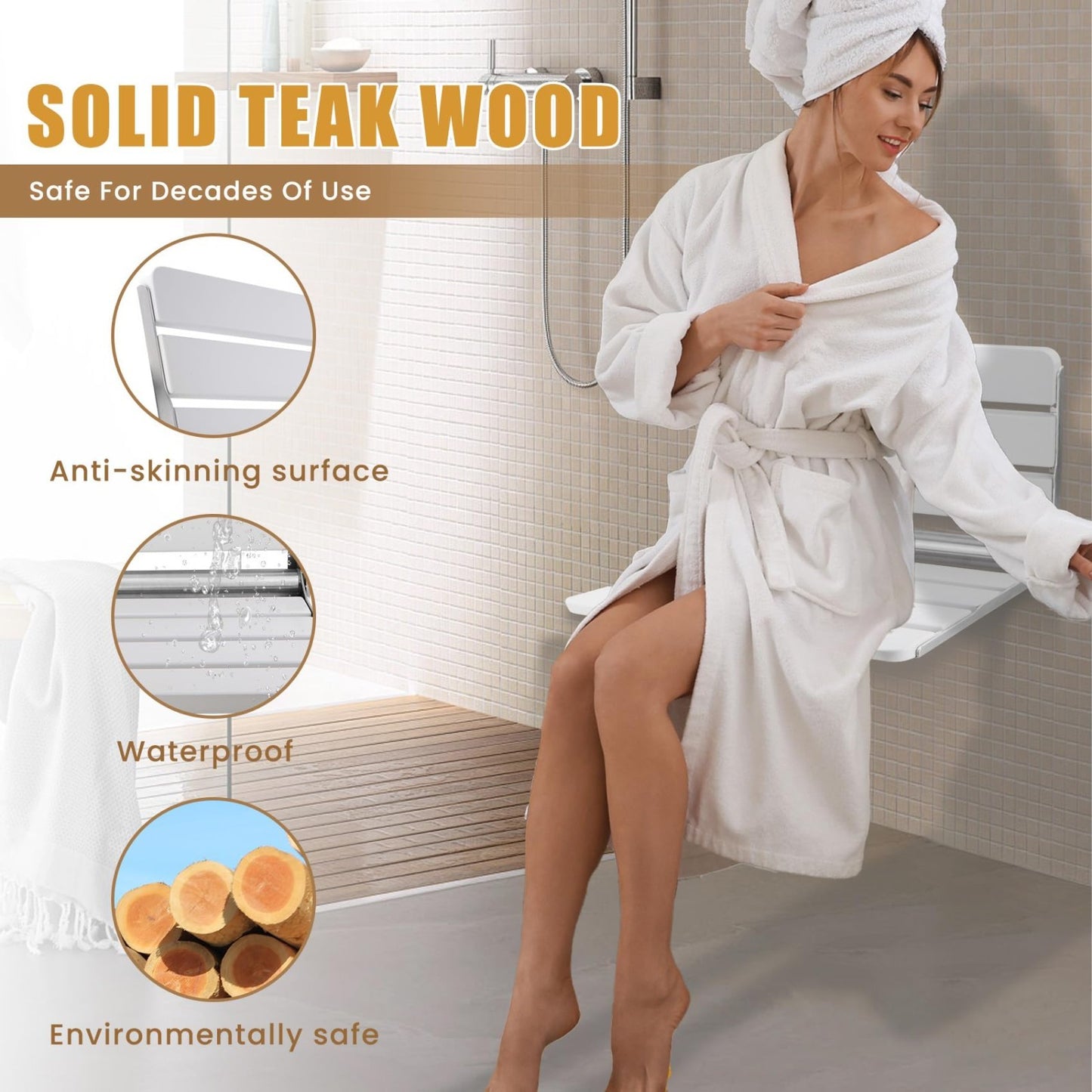 16" Teak Folding Shower Seat Wall Mounted   Space Saving Bench for Seniors, 400l3