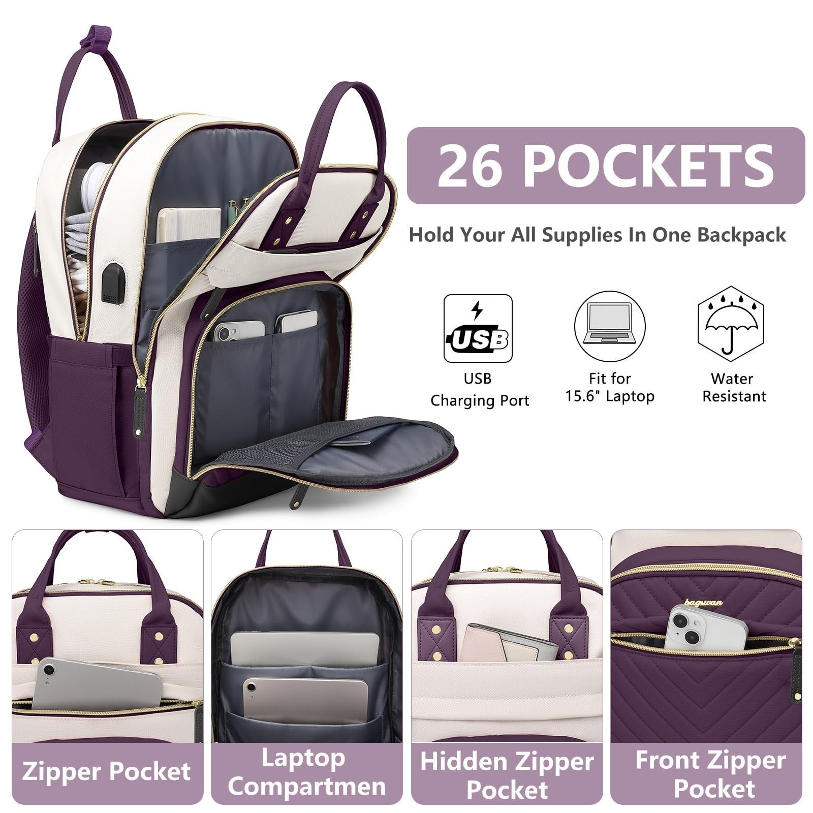 Stylish 15.6" Laptop Backpack for Women   Waterproof USB Charging College Bag, A2