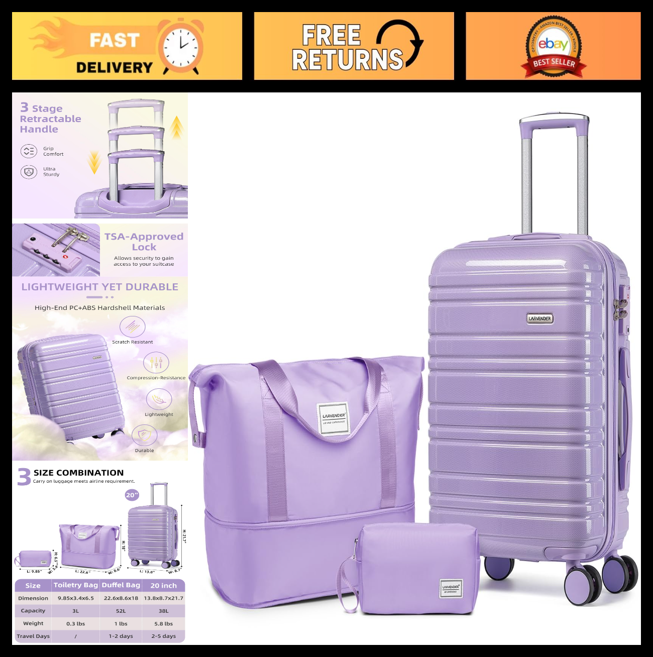 3-Piece Carry-On Luggage Set - 20" Hardshell Suitcase, Duffel Bag, TSA Lock, Lig0