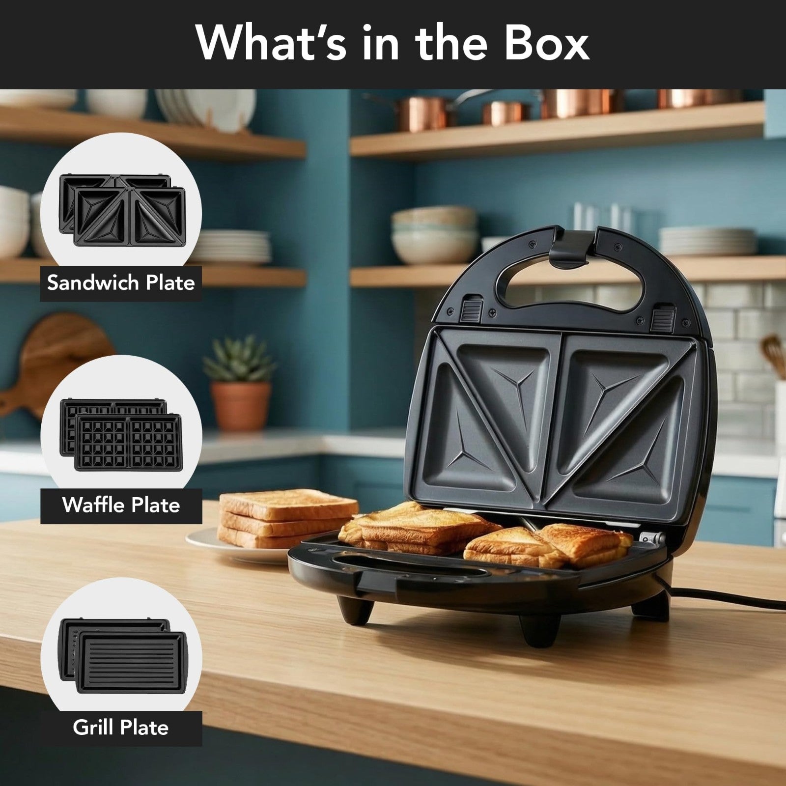 Electric Sandwich & Waffle Maker Set - 3 Non-Stick Plates, 750W, Versatile Grill6