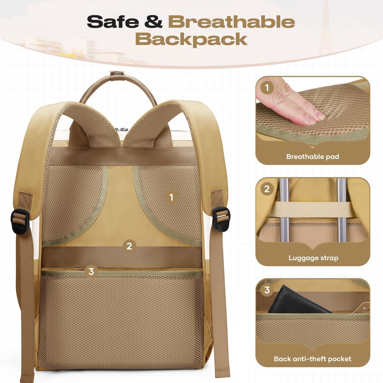 Travel Backpack for Men & Women, Fits 15.6-17.3" Laptop, Insulated Lunch Bag, Kh3