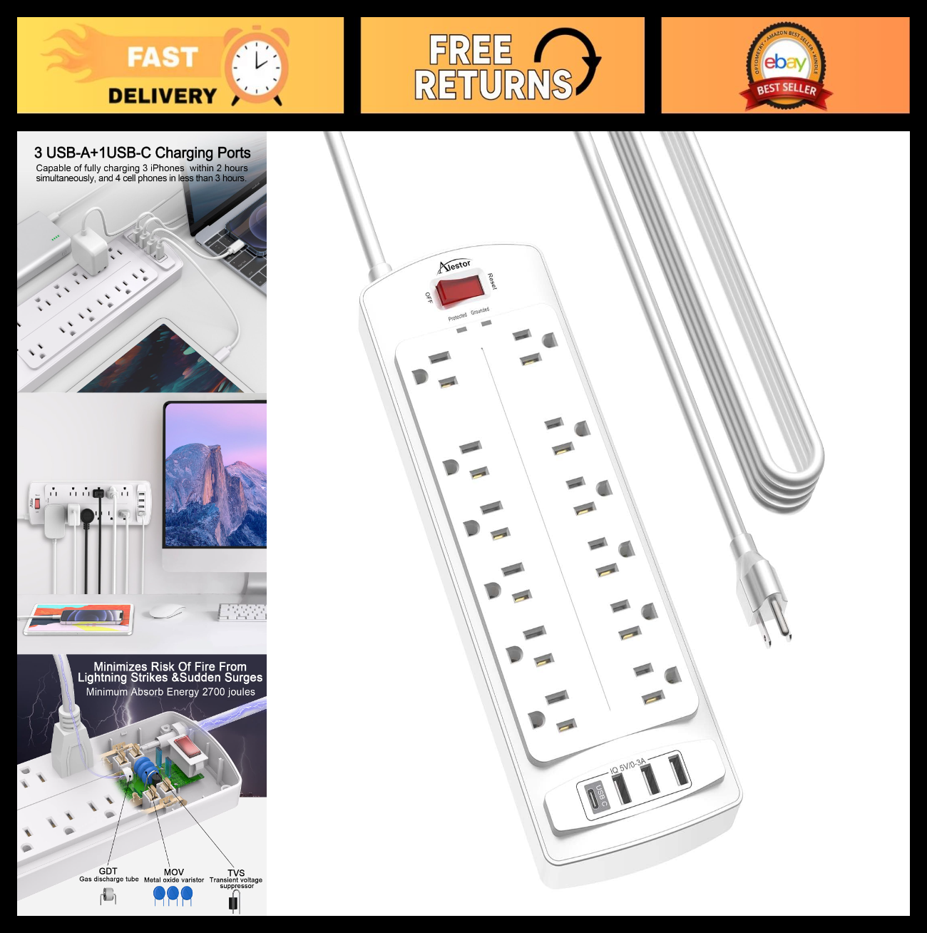 Surge Protector Power Strip with 12 Outlets, 4 USB Ports, 20ft Cord, 2700J ETL0