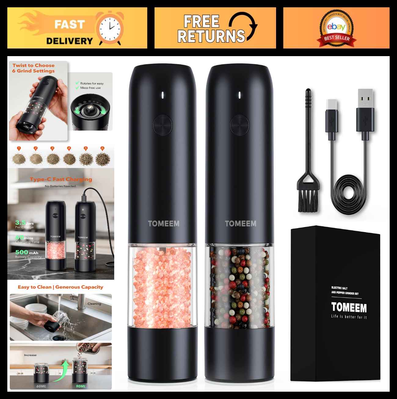 Rechargeable Electric Salt & Pepper Grinder Set with LED, Adjustable Coarseness,0