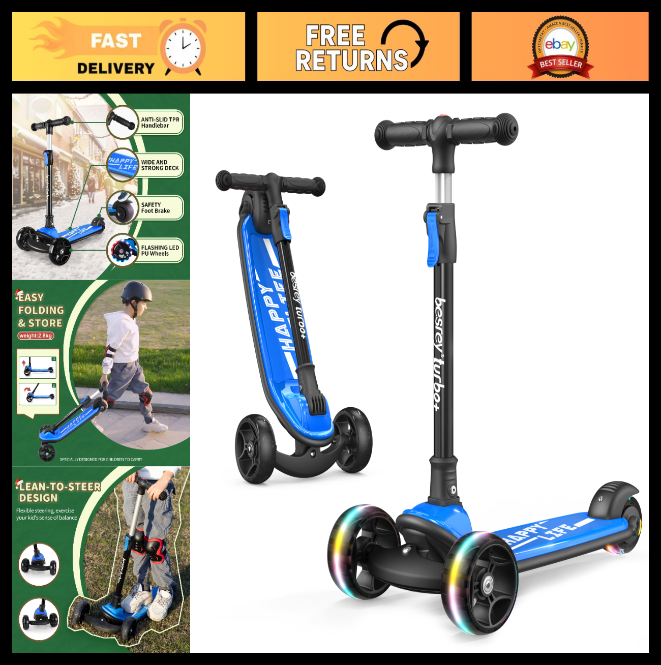 3-Wheel Kids Scooter Ages 3-10, Adjustable Height, Safe & Durable Design0
