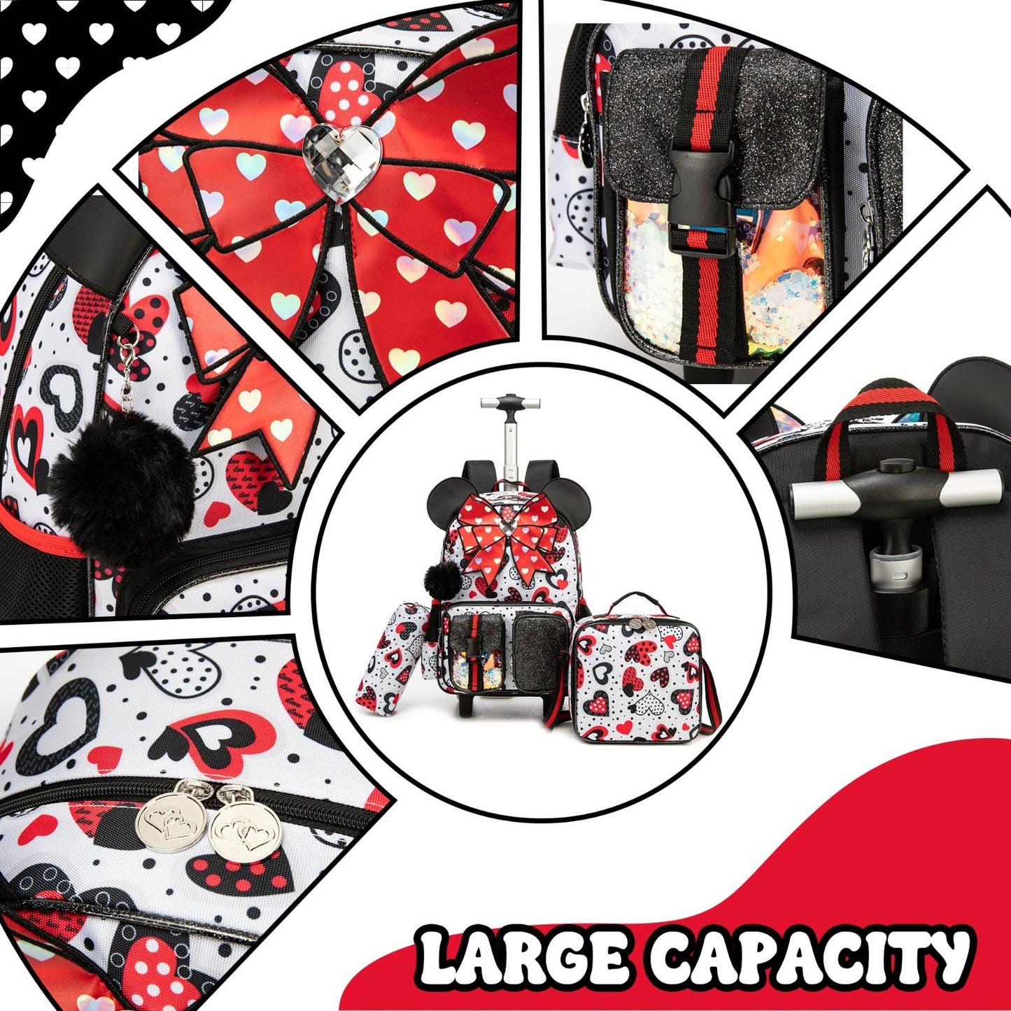 Rolling Backpack for Girls   Cute Wheeled Luggage with Lunch Box & Pencil Case  3