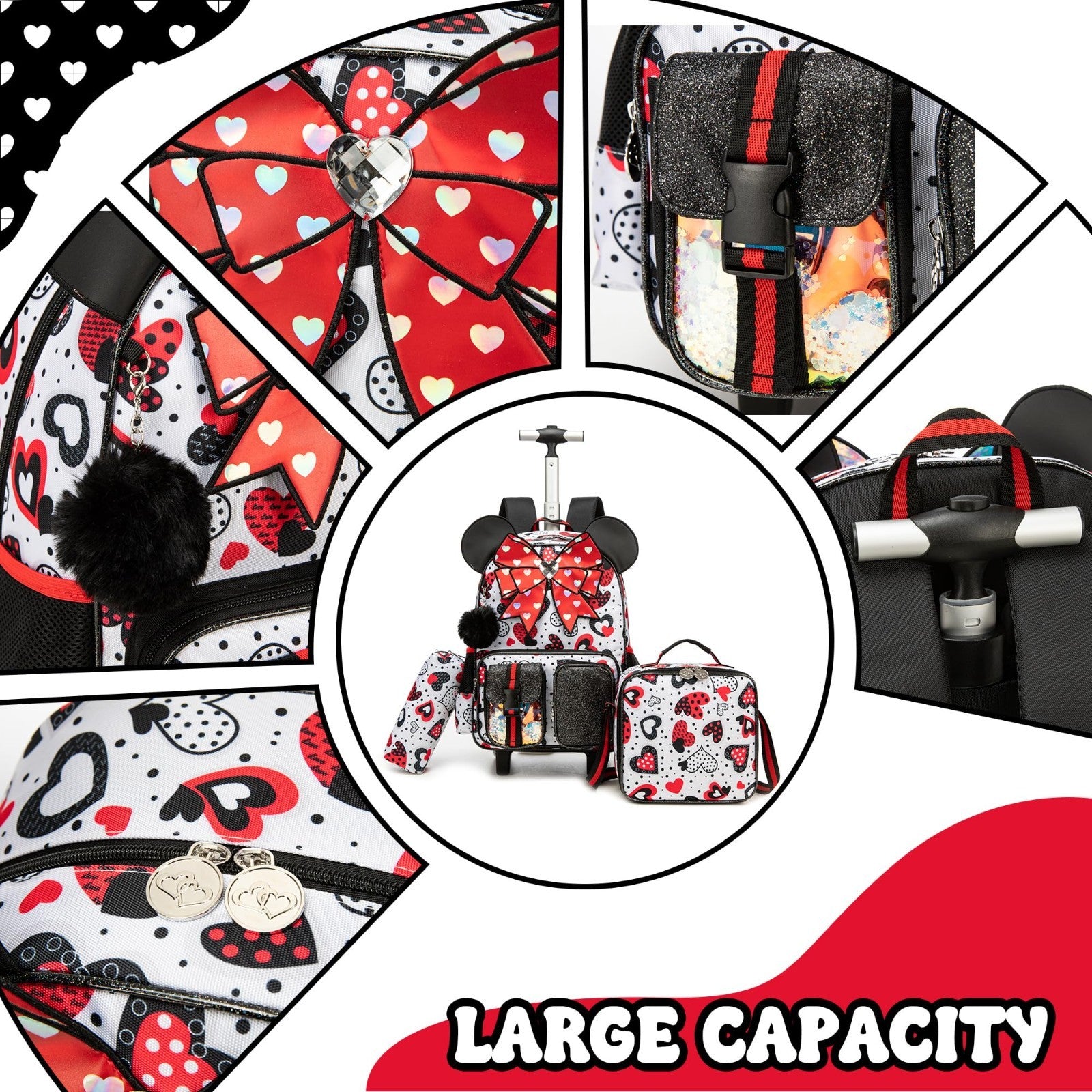 Rolling Backpack for Girls   Cute Wheeled Luggage with Lunch Box & Pencil Case  3