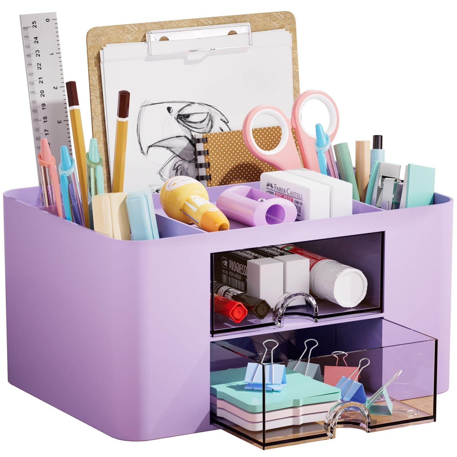 Multi Functional Desk Organizer with 2 Drawers, 5 Compartments, Pencil Holder  1