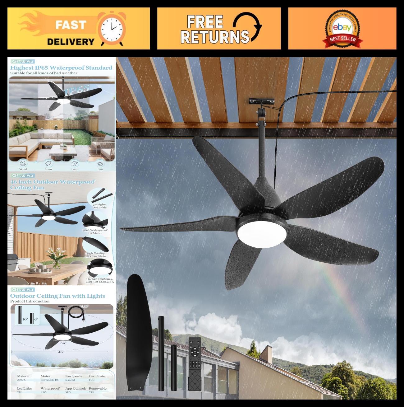 46" Waterproof Outdoor Ceiling Fan with Lights, Remote Control, 6 Speeds, Dimmab0