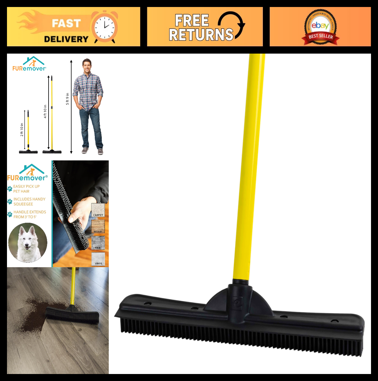 Pet Hair Removal Rubber Broom with 58" Telescopic Handle - Easy Clean & Efficien0