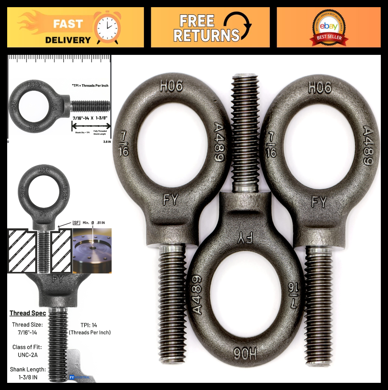 3 Pcs Heavy-Duty Lifting Shoulder Eye Bolts 7/16"-14 X 1-3/8" - Secure & Durable0