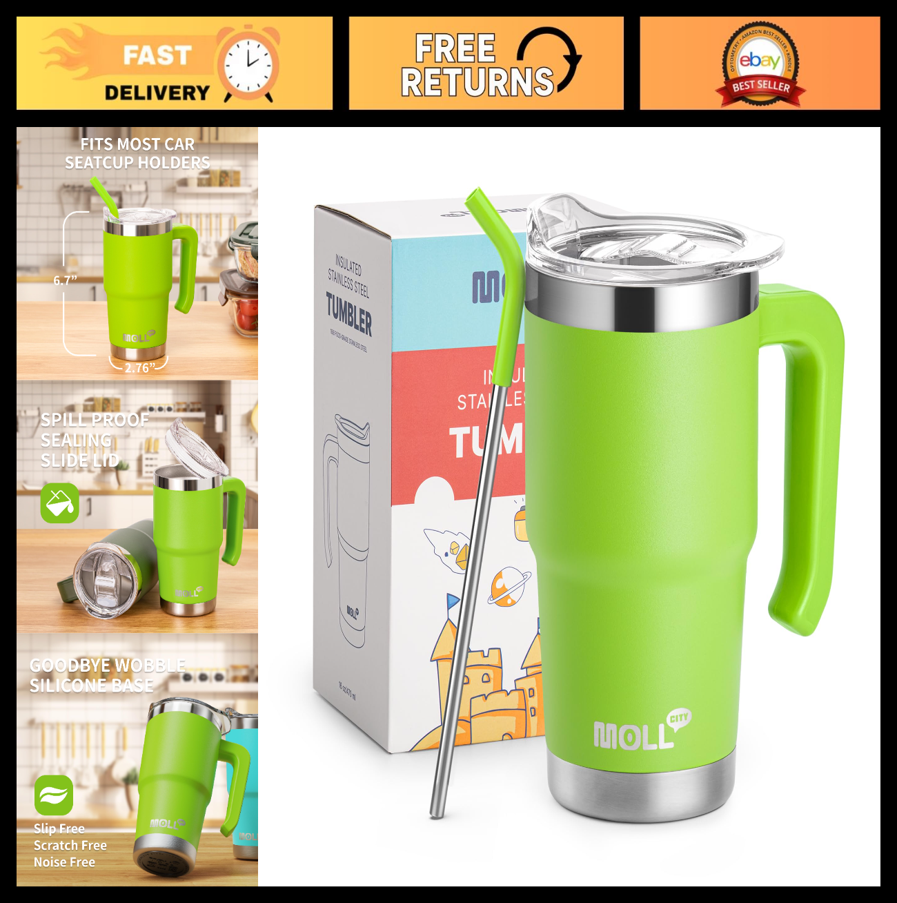 16 oz Insulated Tumbler with Handle, Reusable Stainless Steel Cup with Lid & Str0