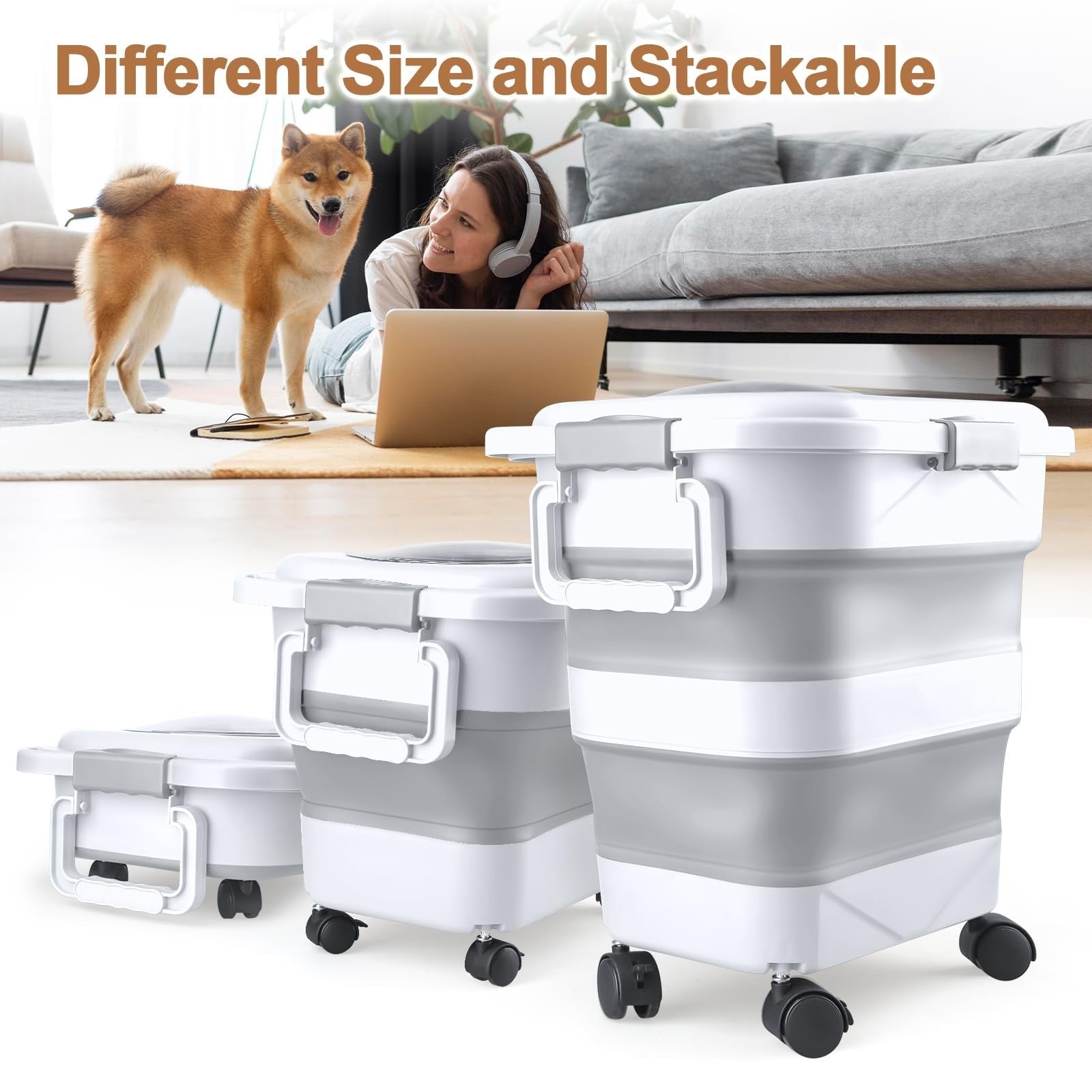 Airtight Dog & Cat Food Storage Container 10 25 lbs, Collapsible, Wheels & Scoop3