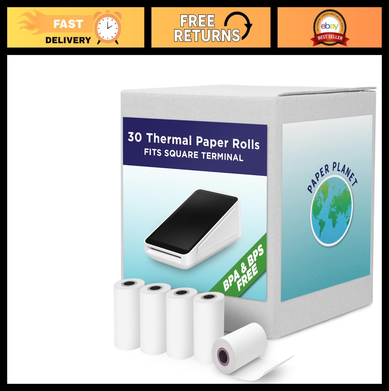 Phenol-Free Thermal Paper Rolls for Square Terminal | 30 Pack | BPA & BPS Free,0