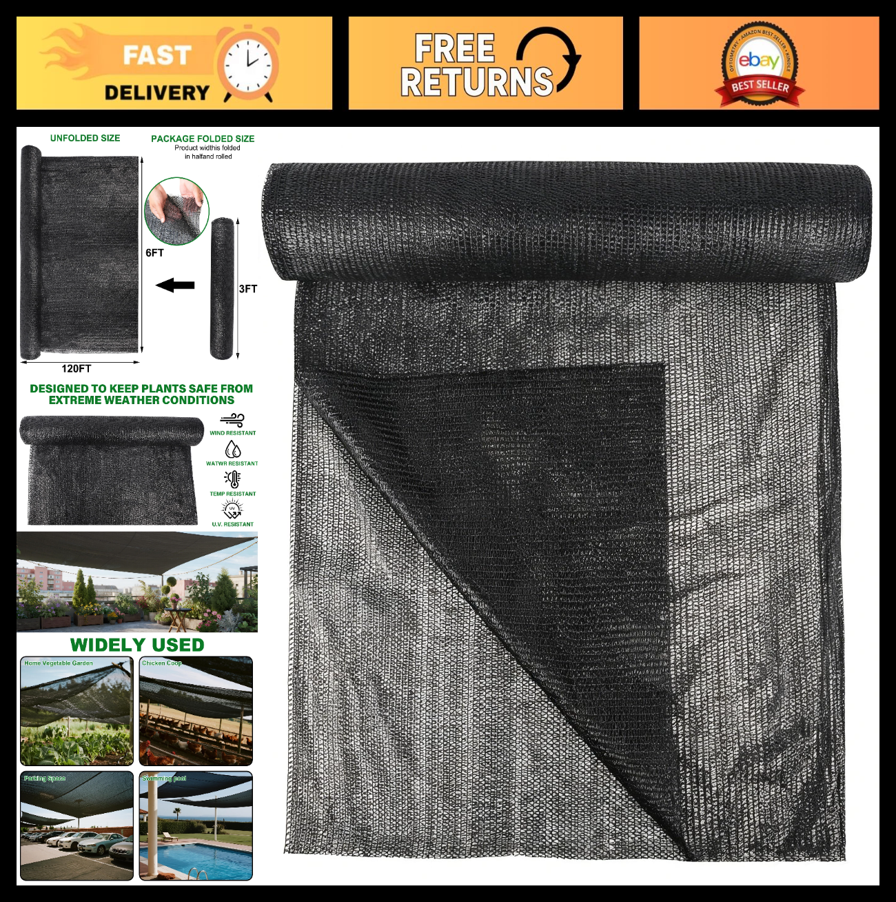 120x6 FT Outdoor Shade Cloth - 40% Black Mesh Tarp, UV Resistant Garden Cover0