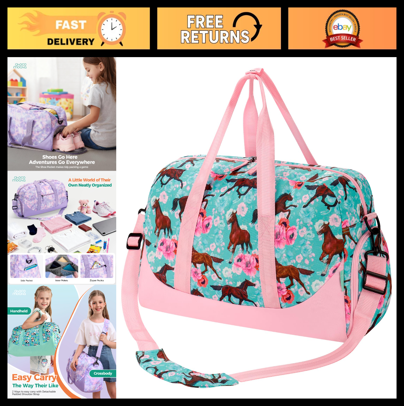 Girls Horse Duffle Bag for Kids, Large Overnight Travel Bag with Shoe Compartmen0