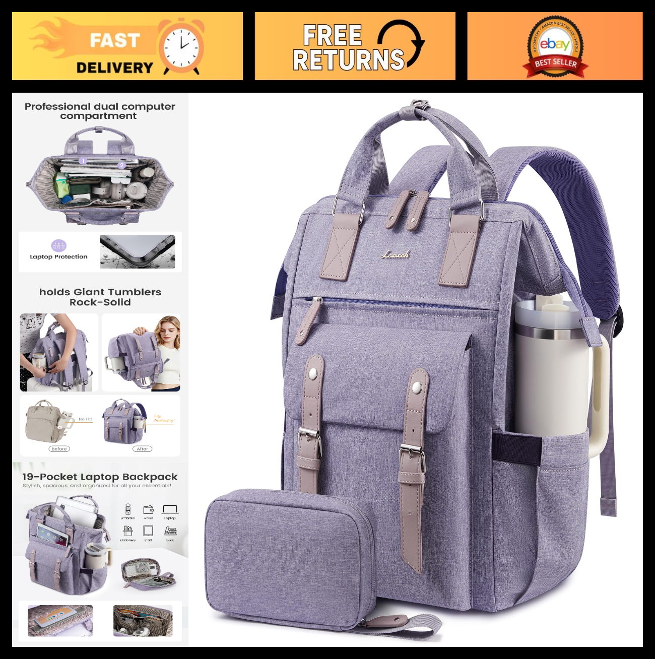 Stylish Waterproof Laptop Backpack for Women, 17.3" with Tumbler Holder, Travel0