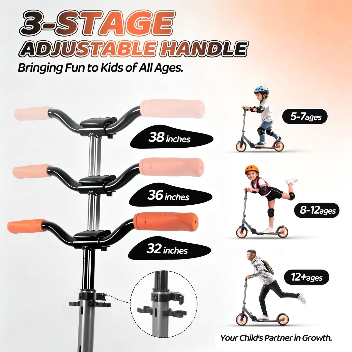Adjustable Kick Scooter for Kids & Teens, 240 LBS Max Load, Foldable, 8" Wheels,3
