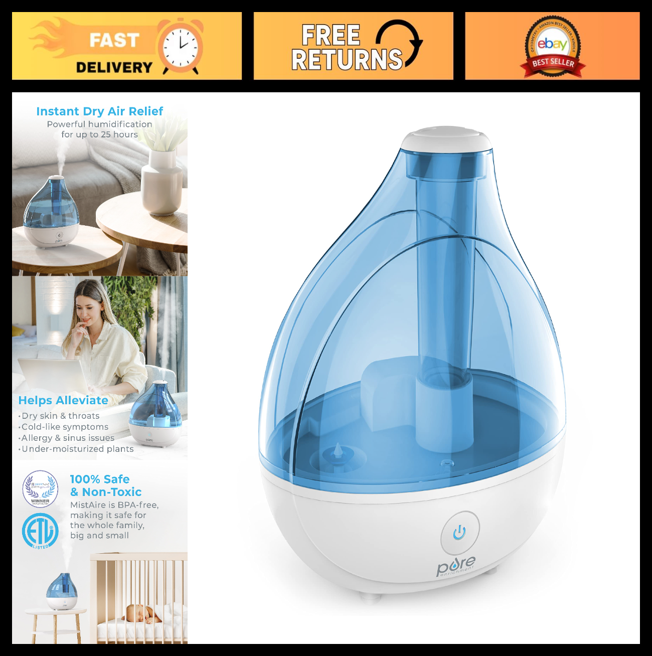 Ultrasonic Cool Mist Humidifier - Quiet, Long-Lasting 25H for Bedroom, Nursery &0