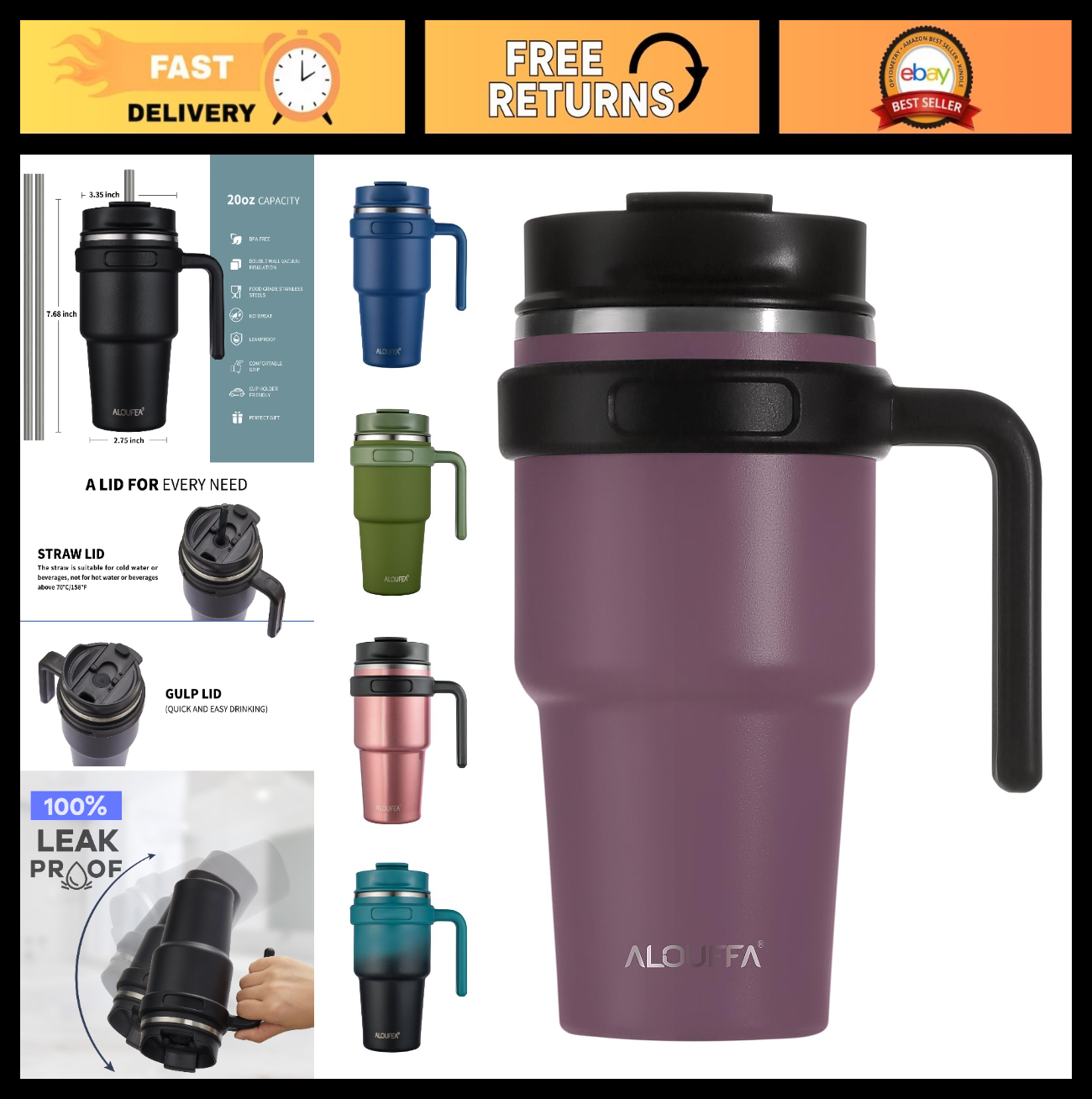 20 oz Insulated Travel Mug with Handle   Stainless Steel Tumbler, Double Wall, L0