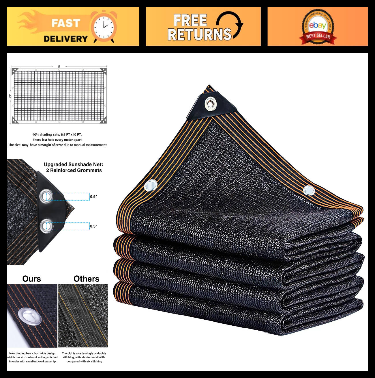 40% Black Shade Cloth 6.6x10 FT Mesh Tarp with Grommets for Garden, Greenhouse,0